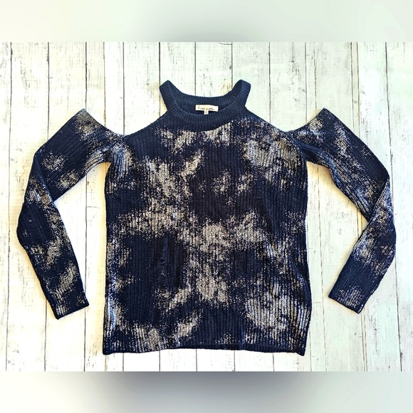 Love More Black & Metallic Silver Distressed Grunge Cold Shoulder Sweater Size L - Picture 2 of 11